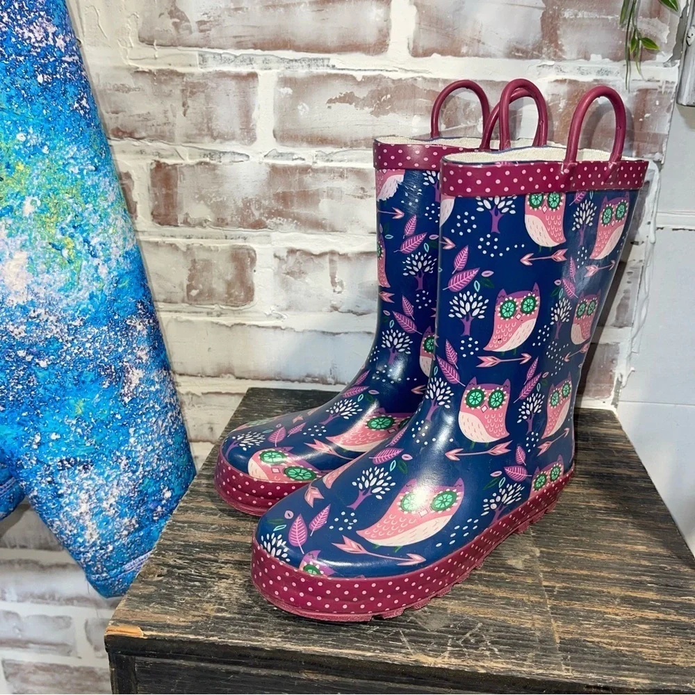 Western Chief Kids Owl Print Rain Boots - Pink and Navy youth size 3